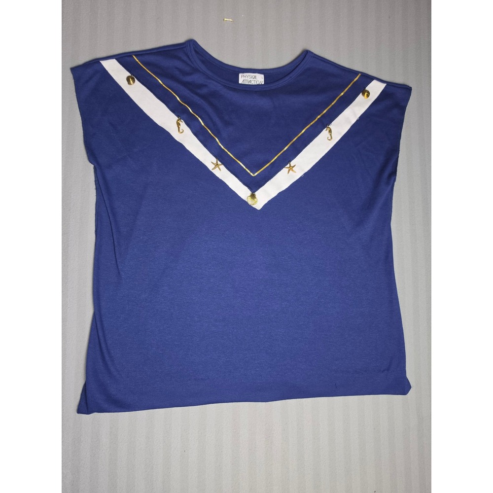 Vintage Physical Attraction Nautical Blue Gold Charm Chevron Top Petites M